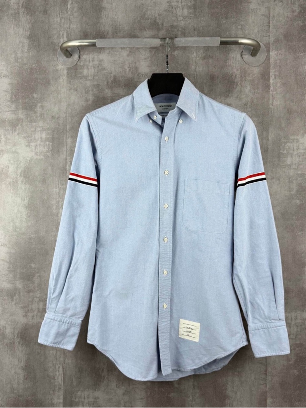 Thom Browne Light Blue Button-Down Shirt with Red, White & Black Sleeve Stripes